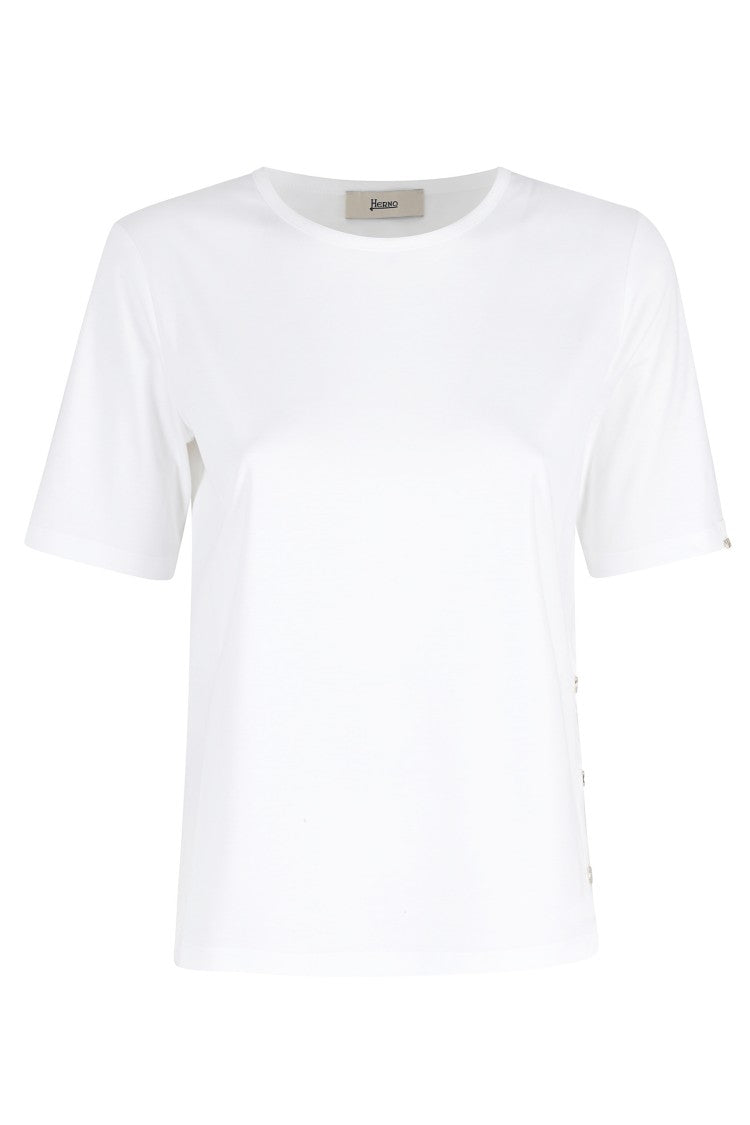 Herno White Ribbed Gold-Buttons Side-Slit Cotton T-Shirt