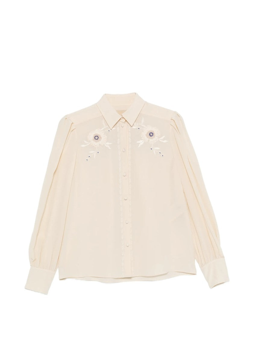 Valentino Neutral Floral Embroidered Puff Sleeve Shirt