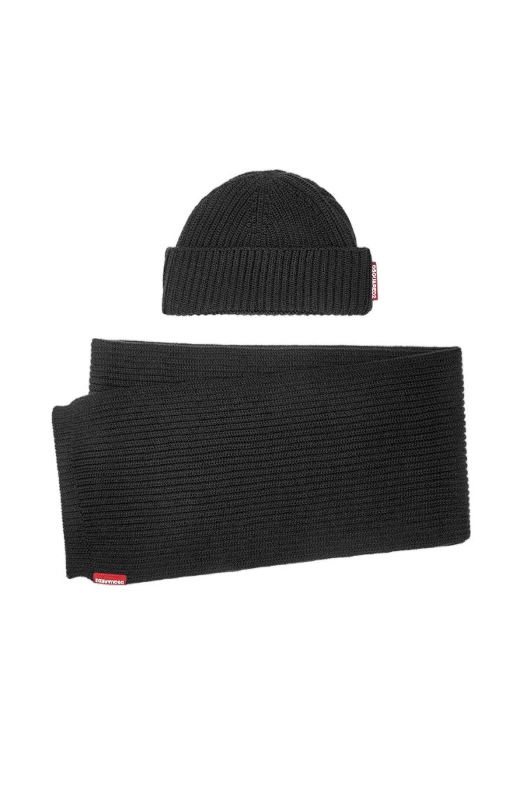 Dsquared2 Black Wool Ribbed Scarf And Beanie Set