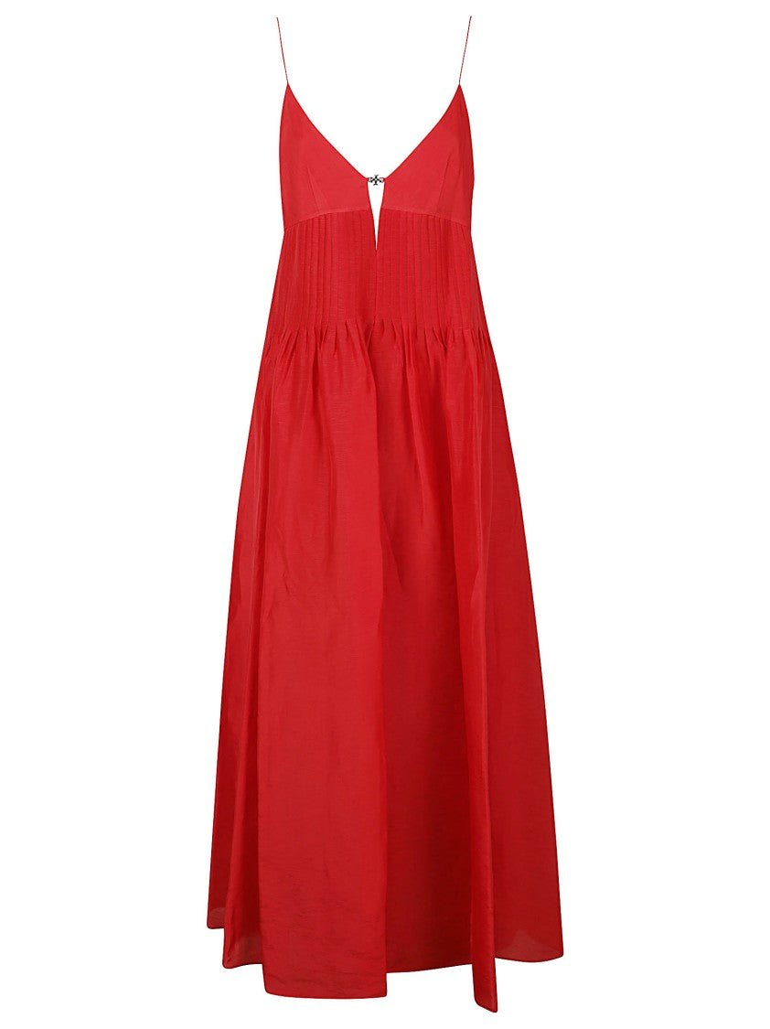 Tory Burch Deep V-Neck Linen Dress With Pleated Waist And Pendant Detail
