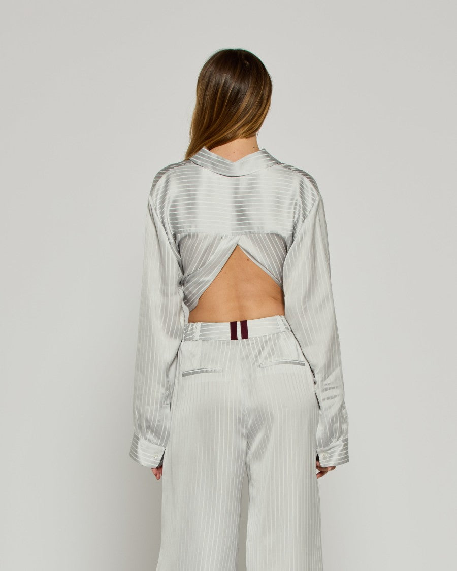 Serena Bute Satin Stripe Open Back Shirt - Silver