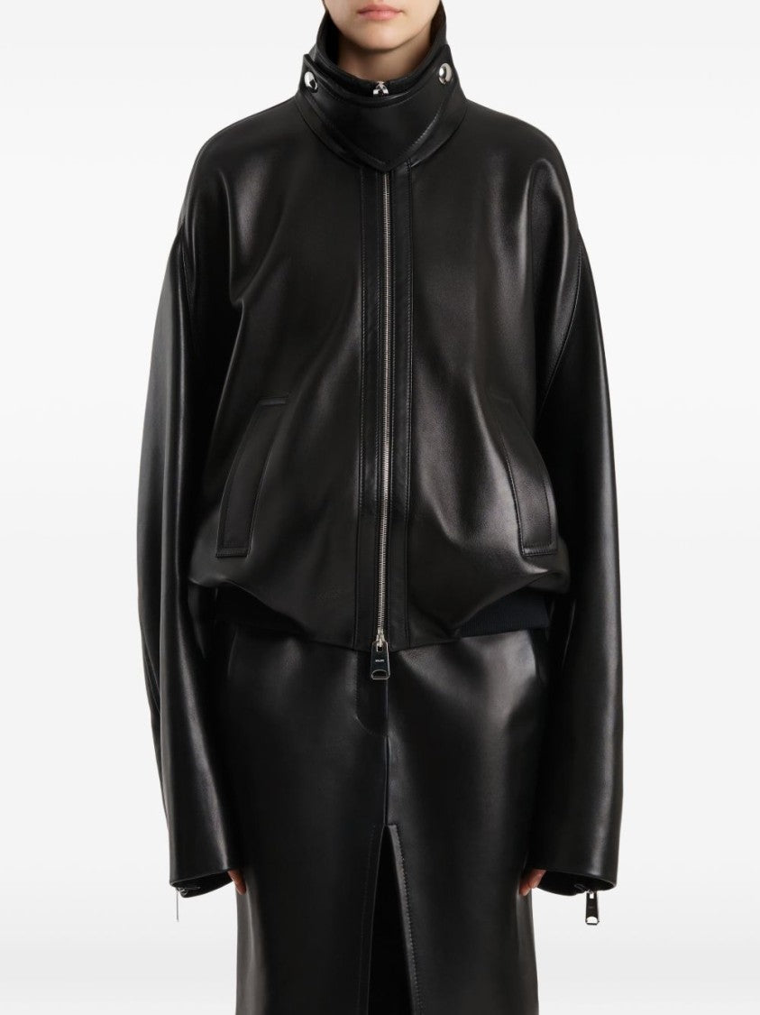 Khaite Black Cupro Silk Twill Stand Collar Coat