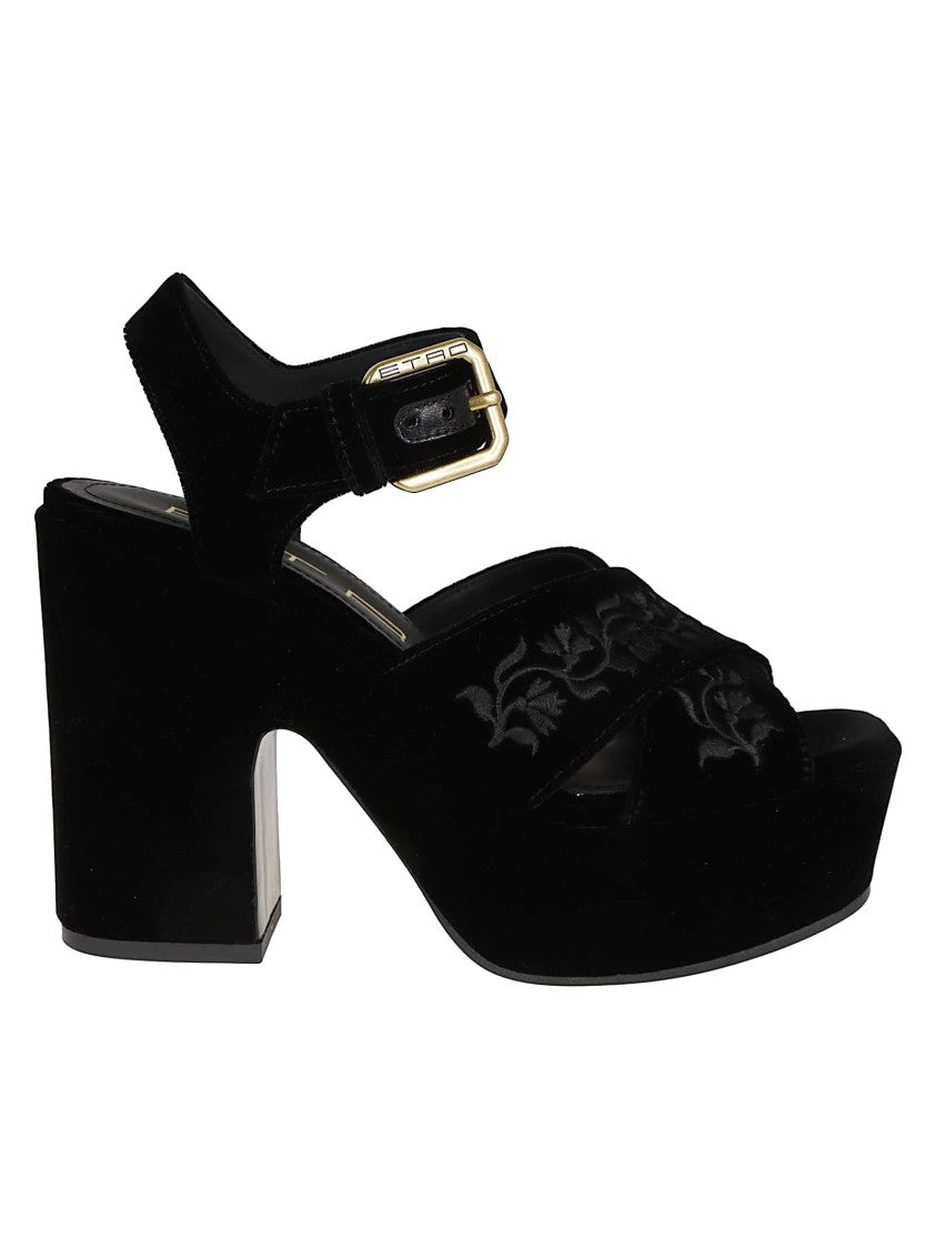 Etro Velvet Platform Sandals With Floral Embroidery