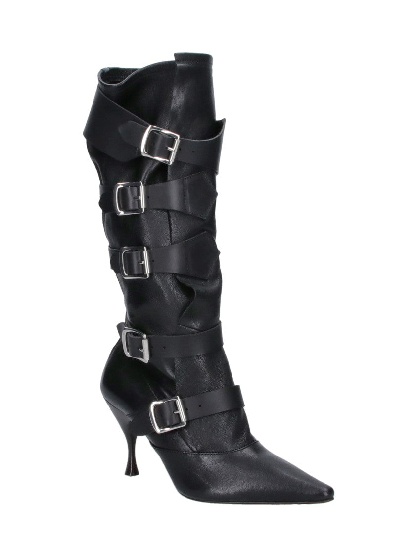 Vivienne Westwood Pointed-Toe Mid-Calf Boots With Silver Buckle Straps