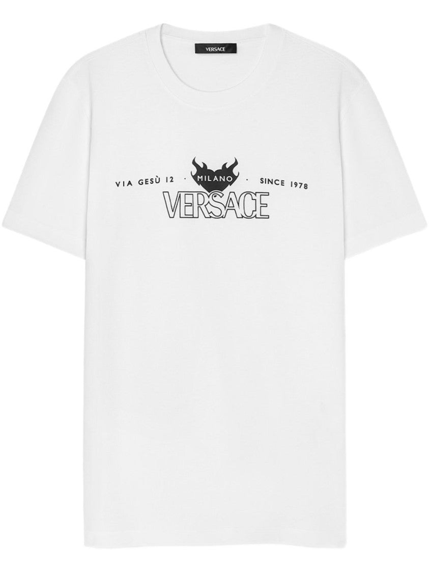 Versace White Graphic Print T-Shirt With Flame Motif