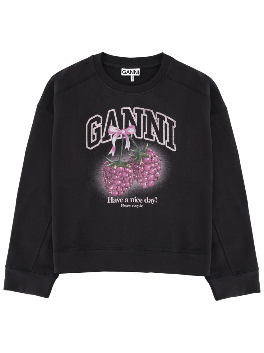 Ganni Raspberry Graphic Cropped Crew Neck Sweatshirt