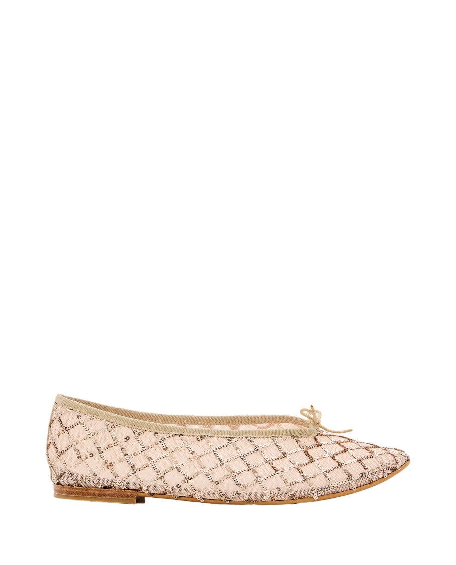 Repetto Light Gold Ballet Flats With Sequin Grid Design