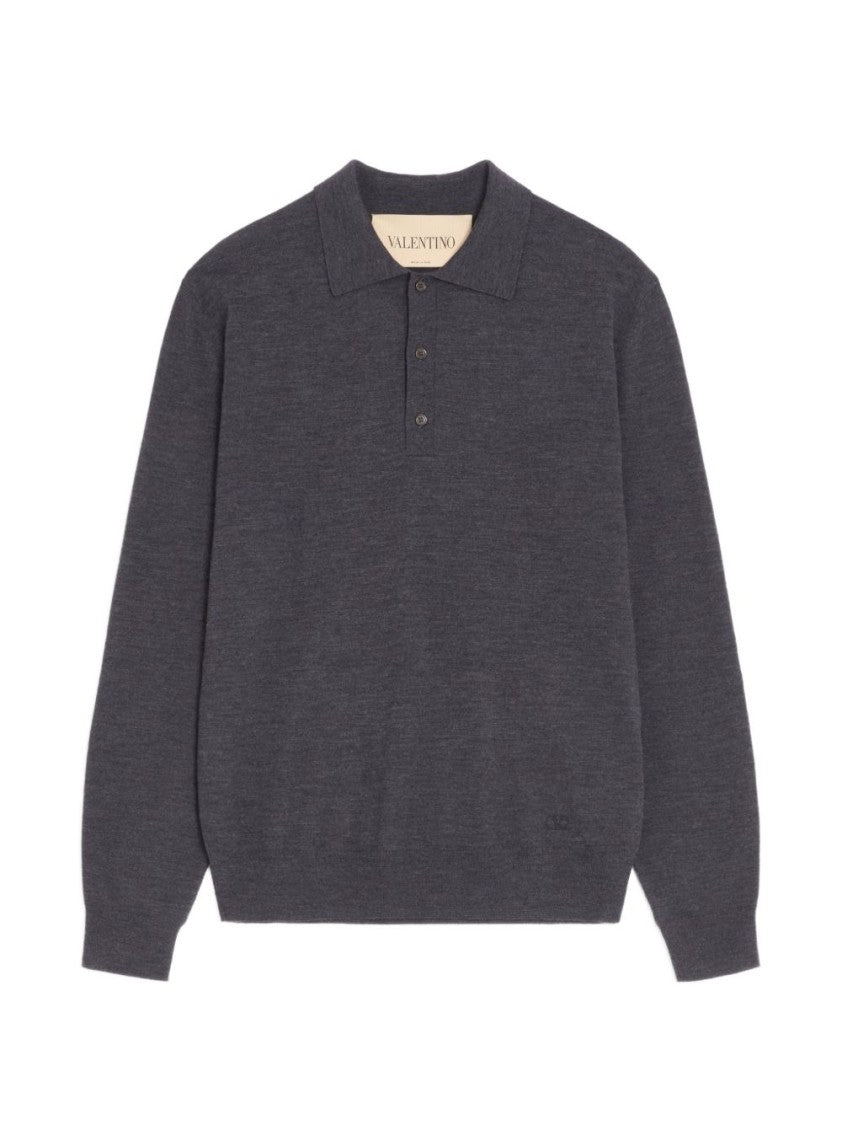 Valentino Garavani Charcoal Wool Ribbed Vlogo Polo Shirt