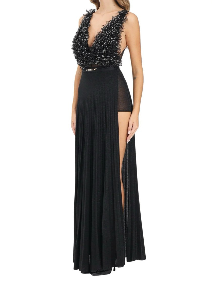 Red Carpet E. Franchi Pleated Maxi Dress With Embroidered Bodice And High Slit