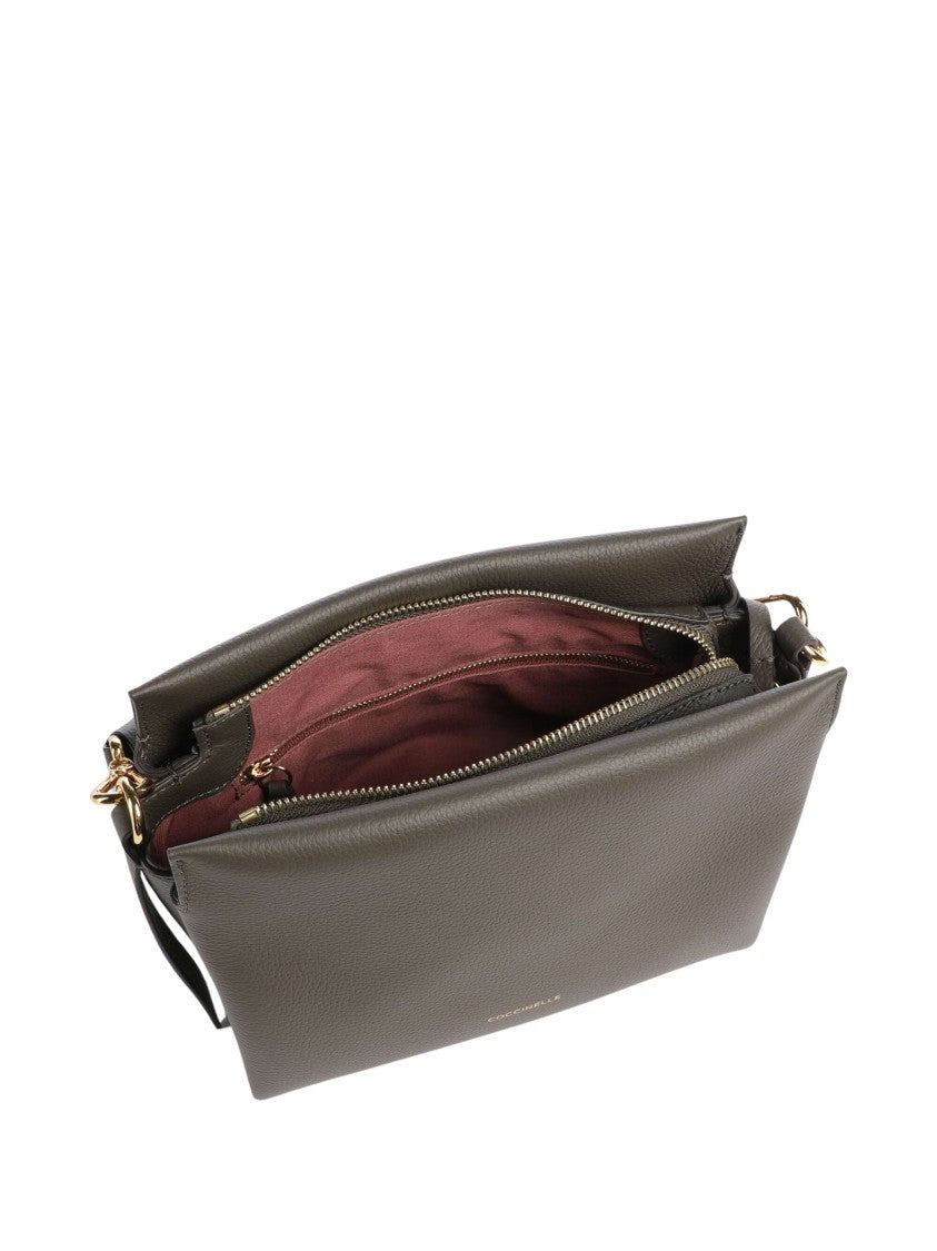 Coccinelle Structured Grey Grained Leather Shoulder Bag With Braided Handle