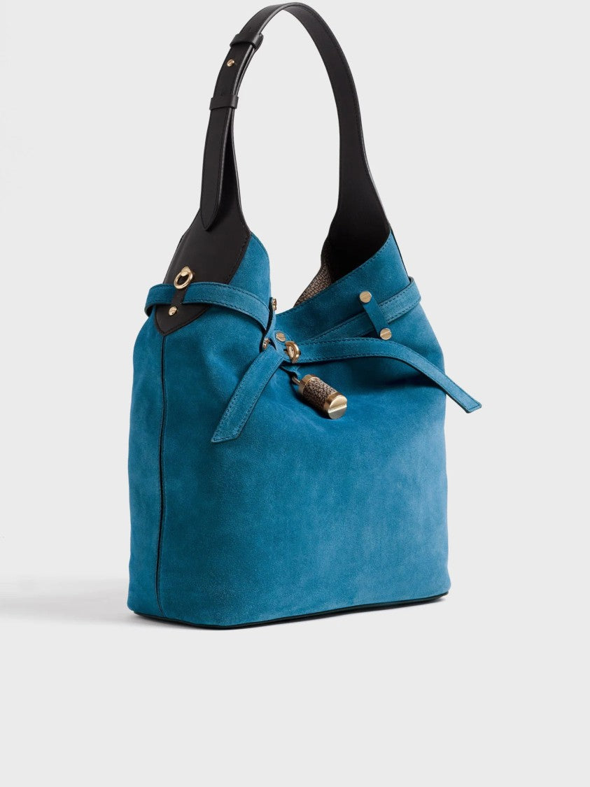 Borbonese Medium Teal Suede Bucket Bag With Adjustable Strap