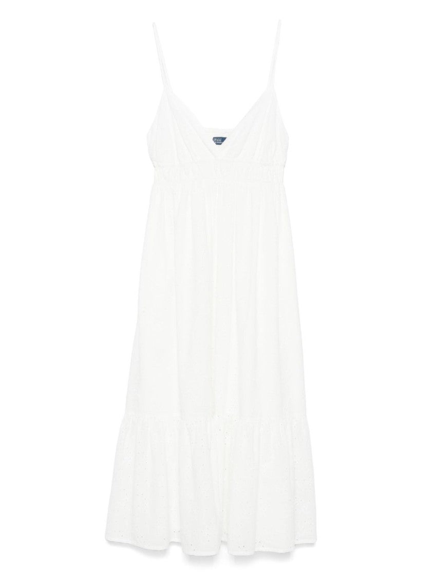 Polo Ralph Lauren Flowy White Midi Dress With V-Neckline And Tiered Hem