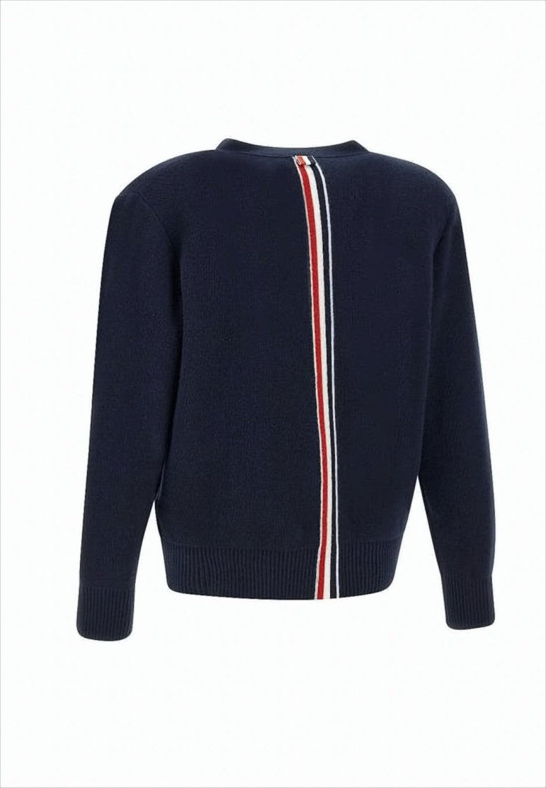 Thom Browne Classic V-Neck Wool Cardigan With Striped Back Detail