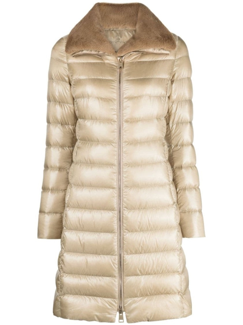 Herno Quilted Beige Puffer Coat With Fur Collar
