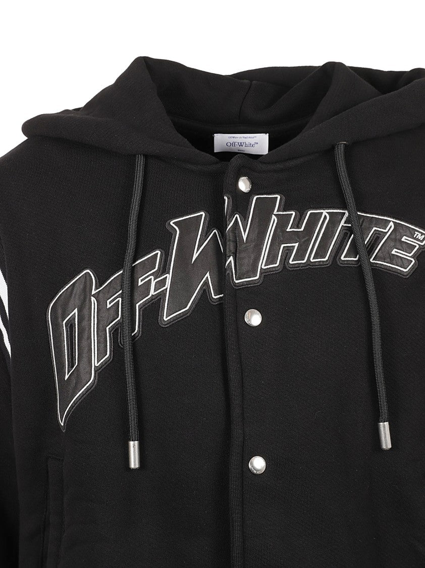 Off-White Hooded Button-Up Sweater With Sporty Stripes