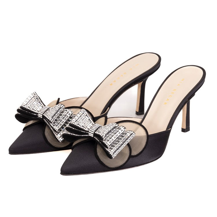 M+E' Satin-Embellished Black Sandals With Pointed Toe Design