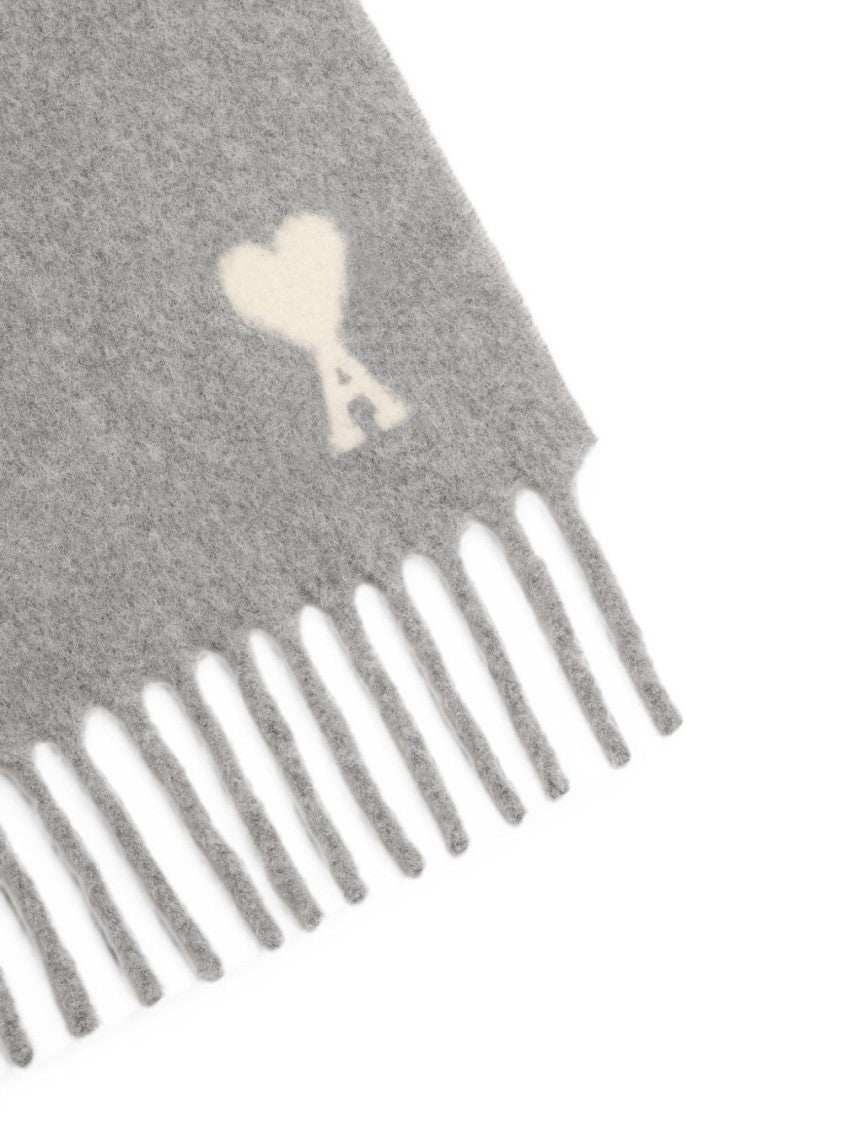Ami Paris Grey Heart Motif Fringed Silk-Nylon Scarf