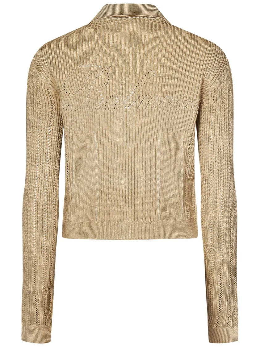 Balmain Cropped Beige Ribbed Cardigan With Openwork Logo