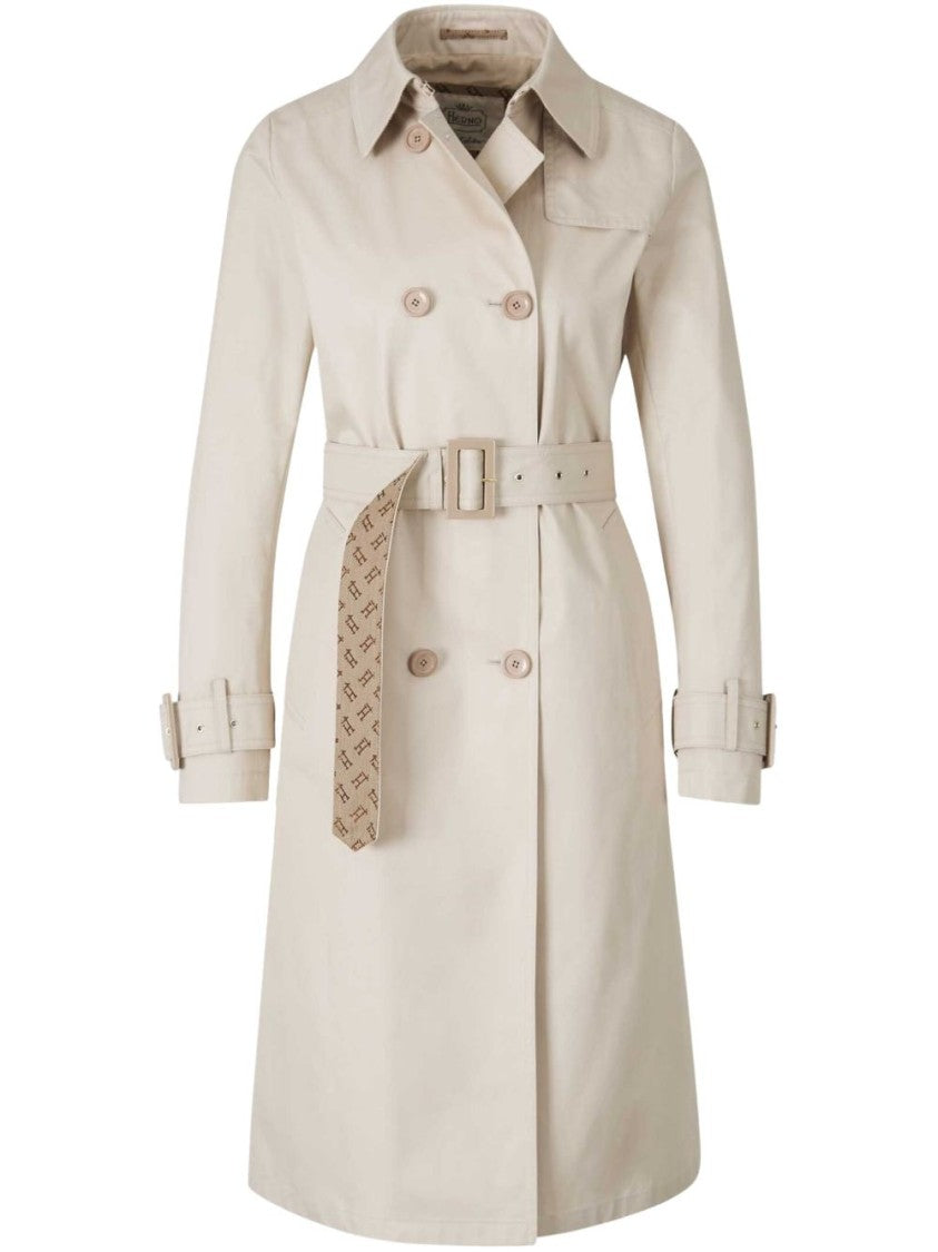 Herno Double-Breasted Light Beige Herno Coat With Belted Waist