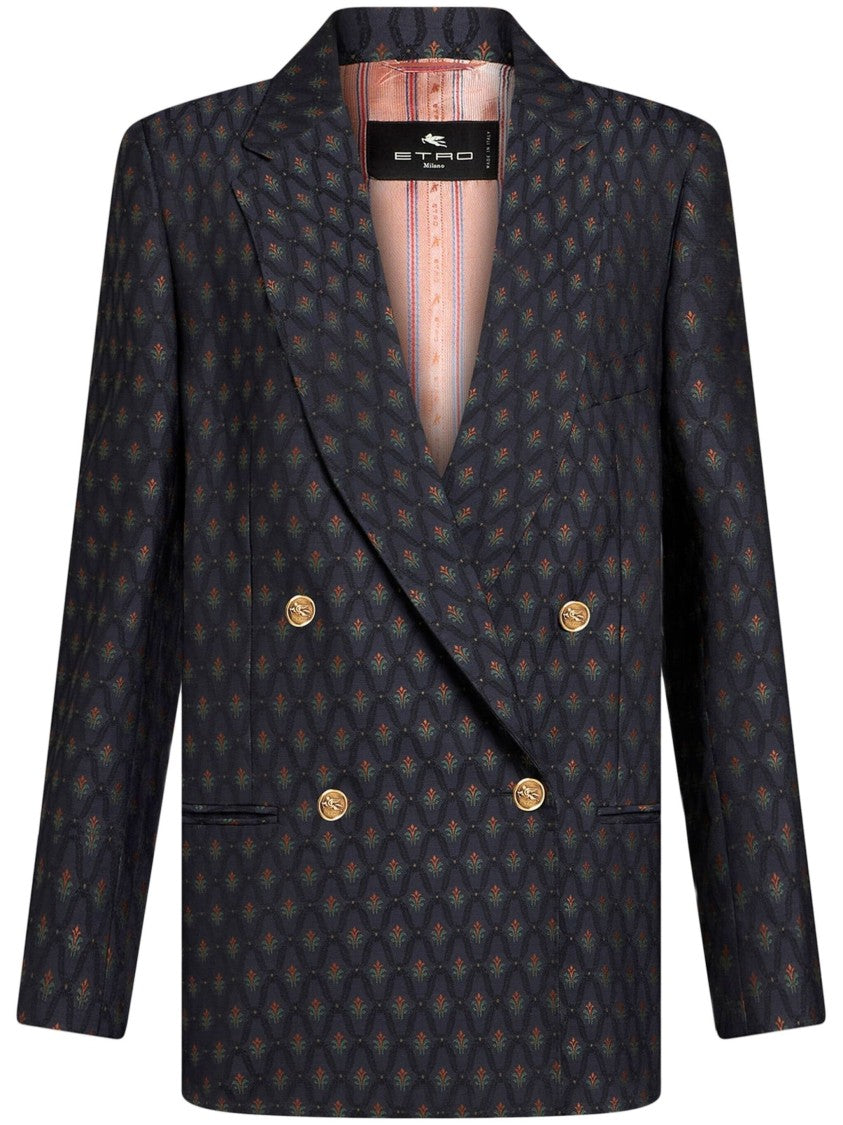 Etro Grey Double-Breasted Geometric Wool-Blend Blazer