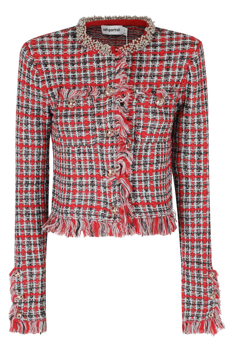 Self-Portrait Red Fringed Checkered Jeweled Button Cardigan