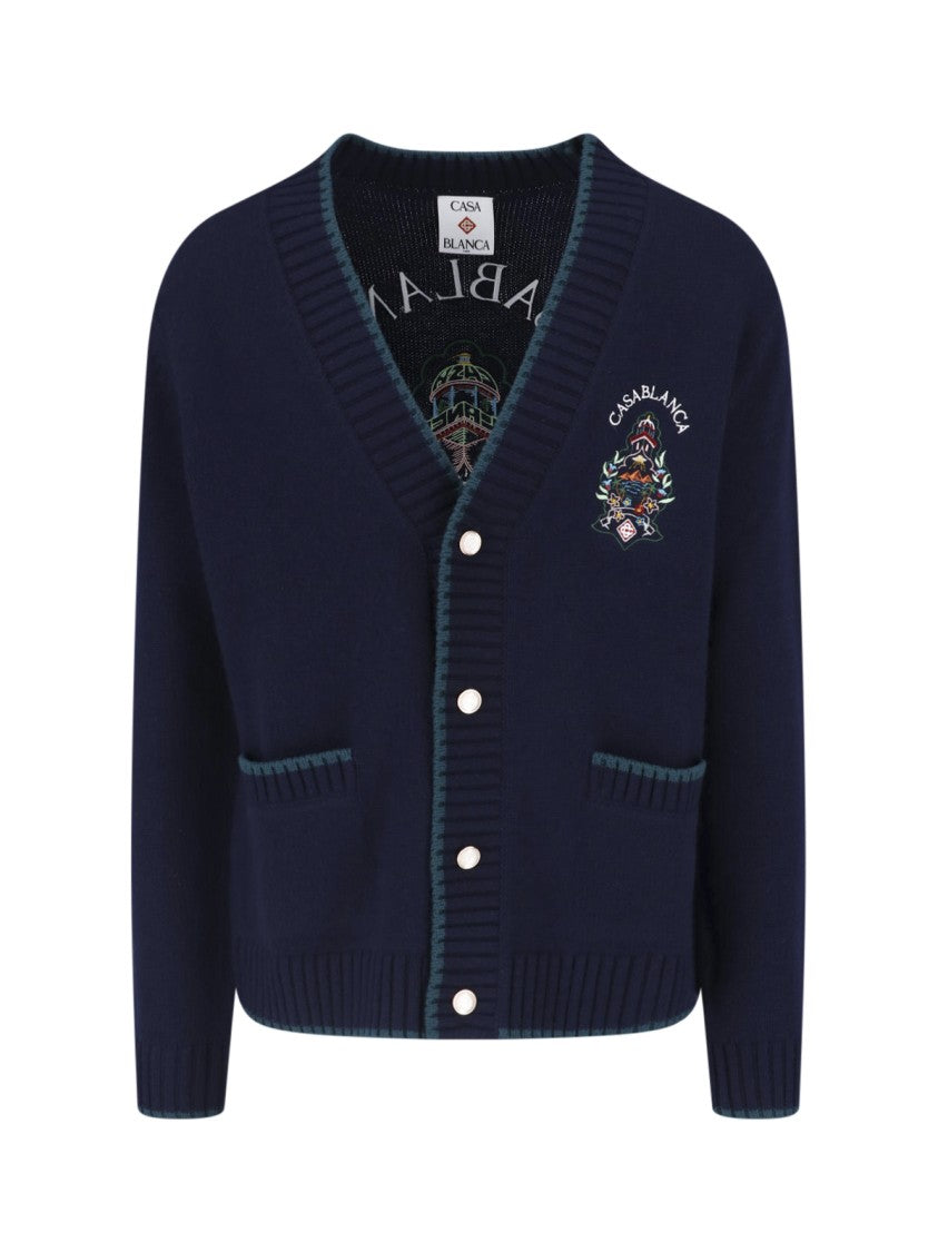 Casablanca Deep V-Neck Button-Down Sweater With Embroidered Designs