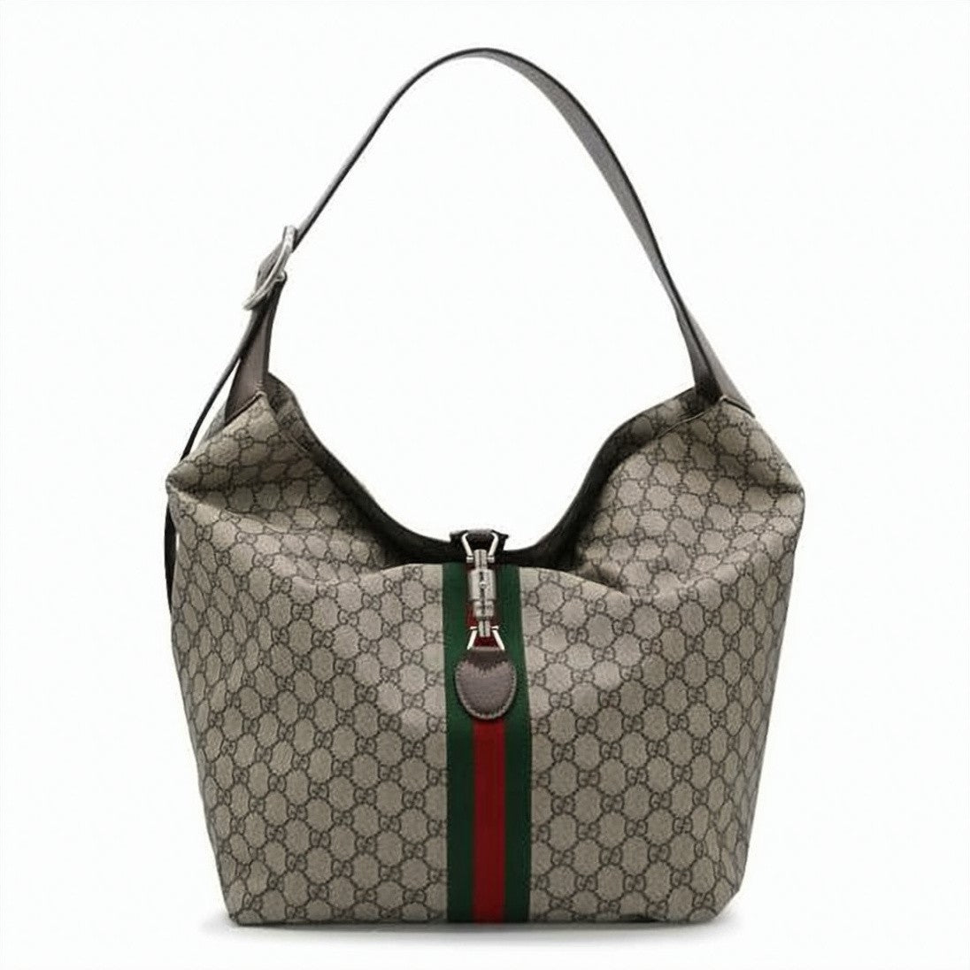 Gucci Beige Monogram Canvas Medium Shoulder Bag With Web Stripe