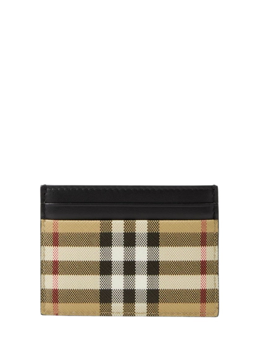 Burberry Beige Check Card Holder With Brown Leather Trim