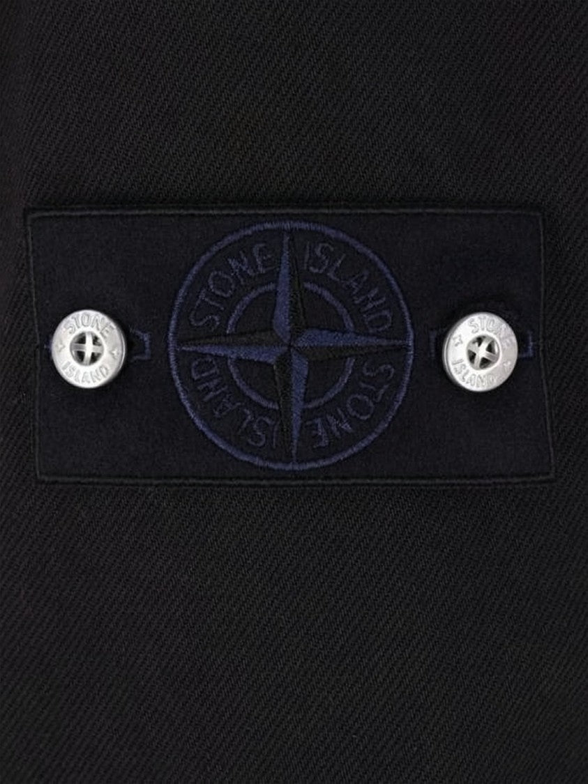 Stone Island Black Denim Coach Jacket With Classic Collar And Boxy Silhouette