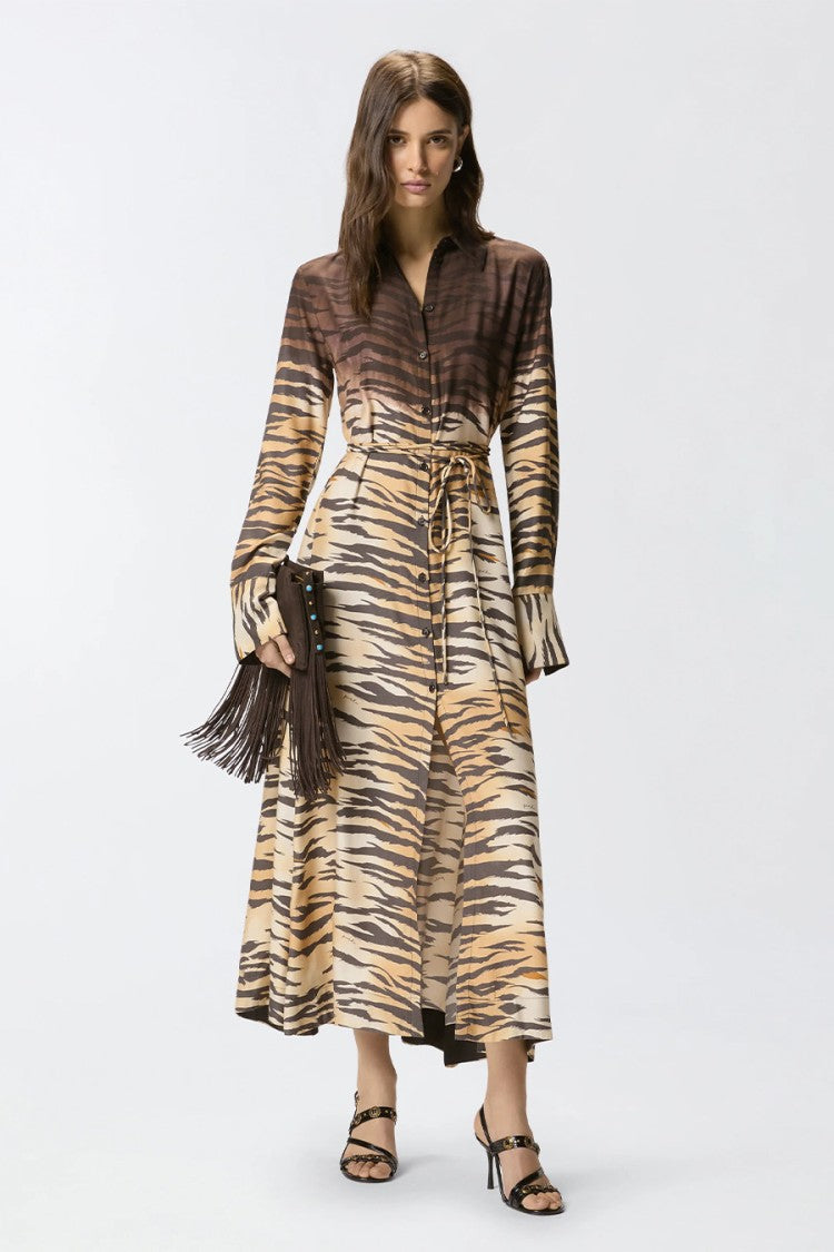 Pinko Brown Tiger-Stripe Print Self-Tie Belt Viscose Shirt