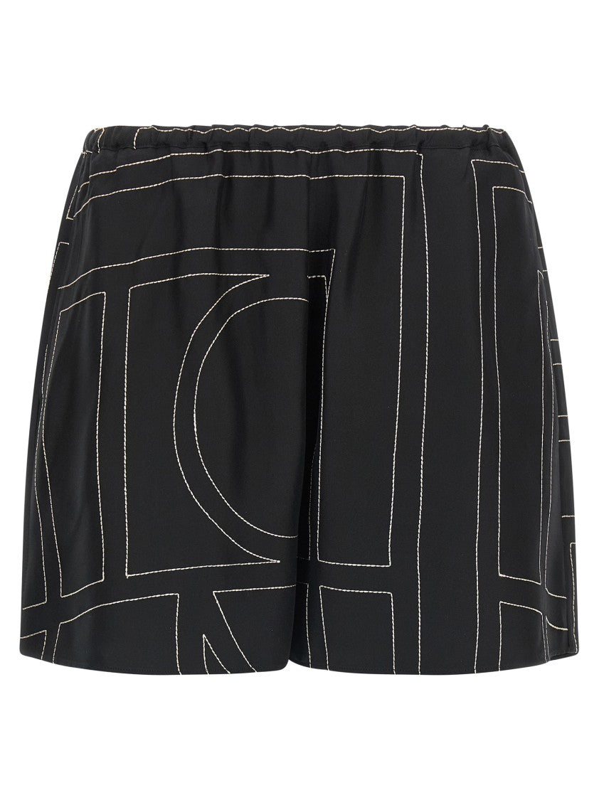 Totême Silk Twill Shorts With Embroidered Monogram Pattern