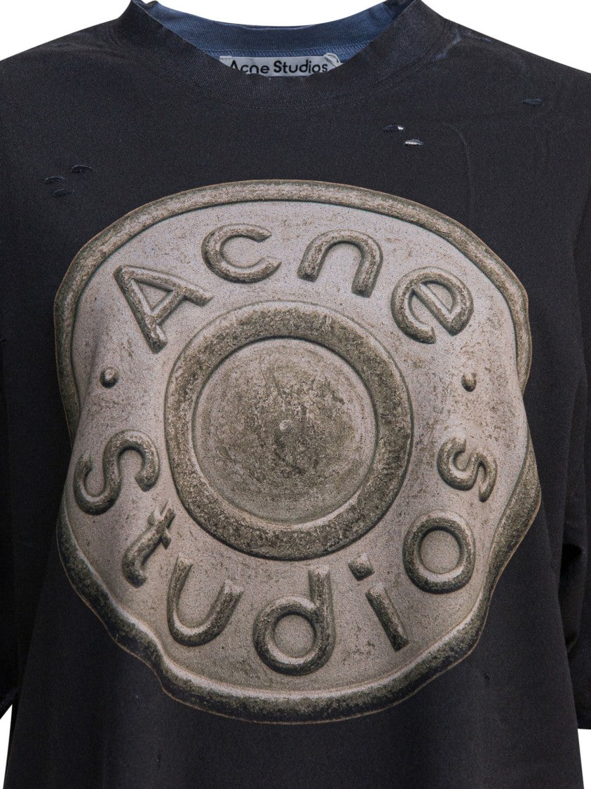 Acne Studios Distressed Black Oversized T-Shirt With Circular Emblem