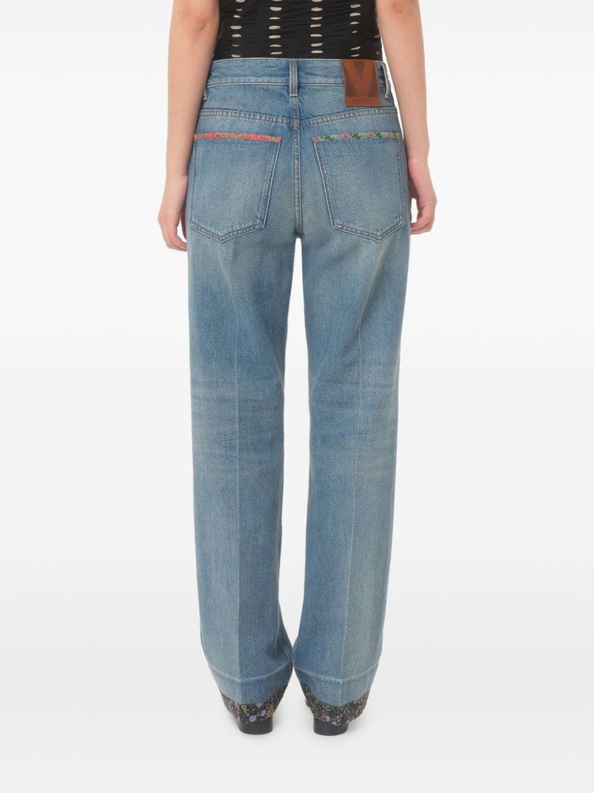Valentino Garavani Wide-Leg Jeans Crafted With Floral Print Fabric Trim