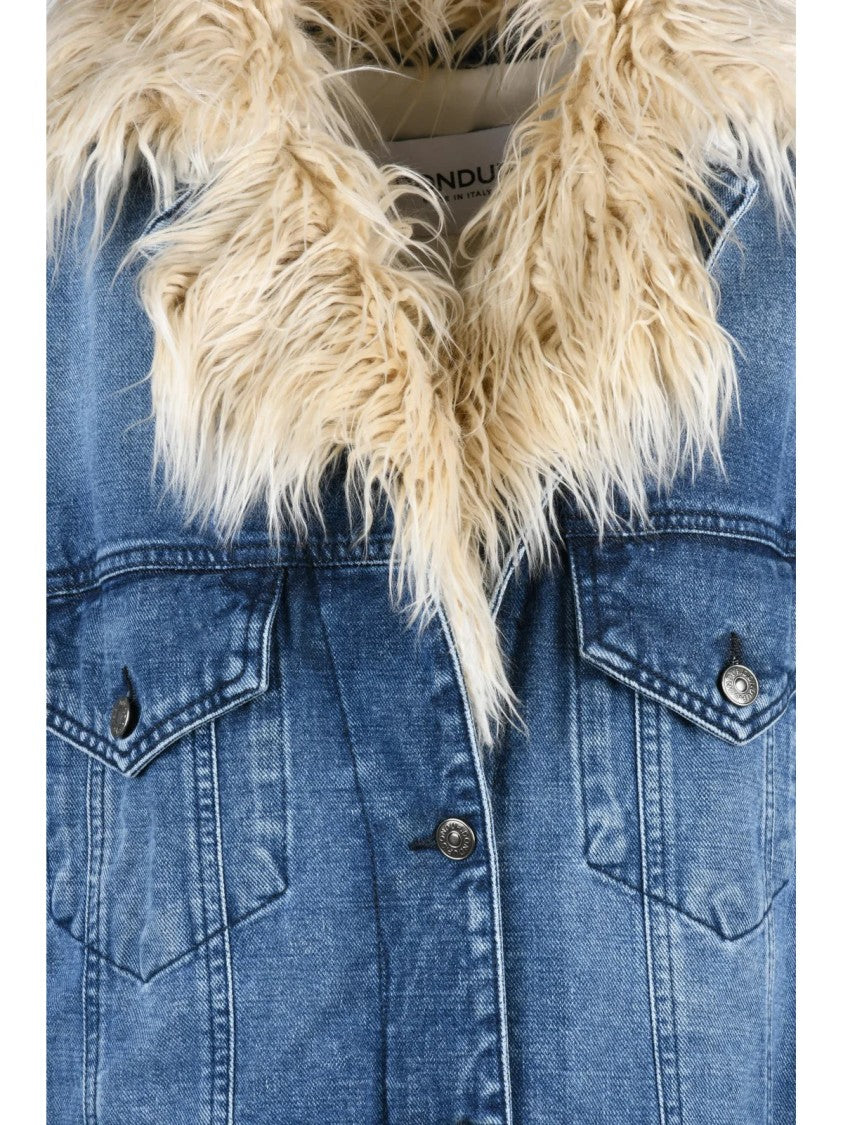 Dondup Light Blue Padded Faux Fur Trim Cotton Denim Overcoat