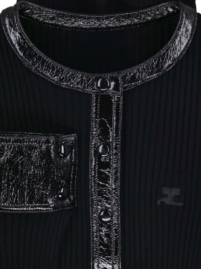 Courrèges Black Vinyl Detail Ribbed Viscose Cardigan