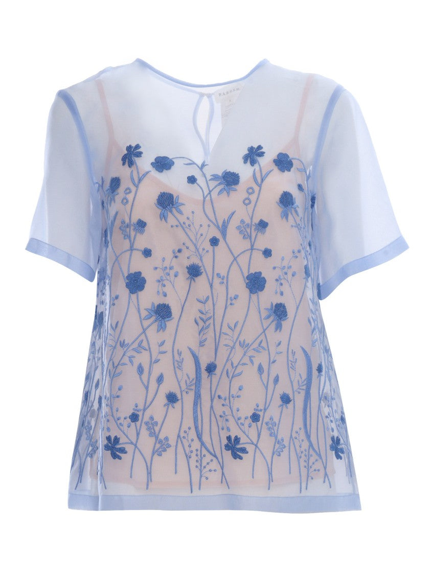 P.A.R.O.S.H. Delicate Sheer Blouse With Floral Embroideryb