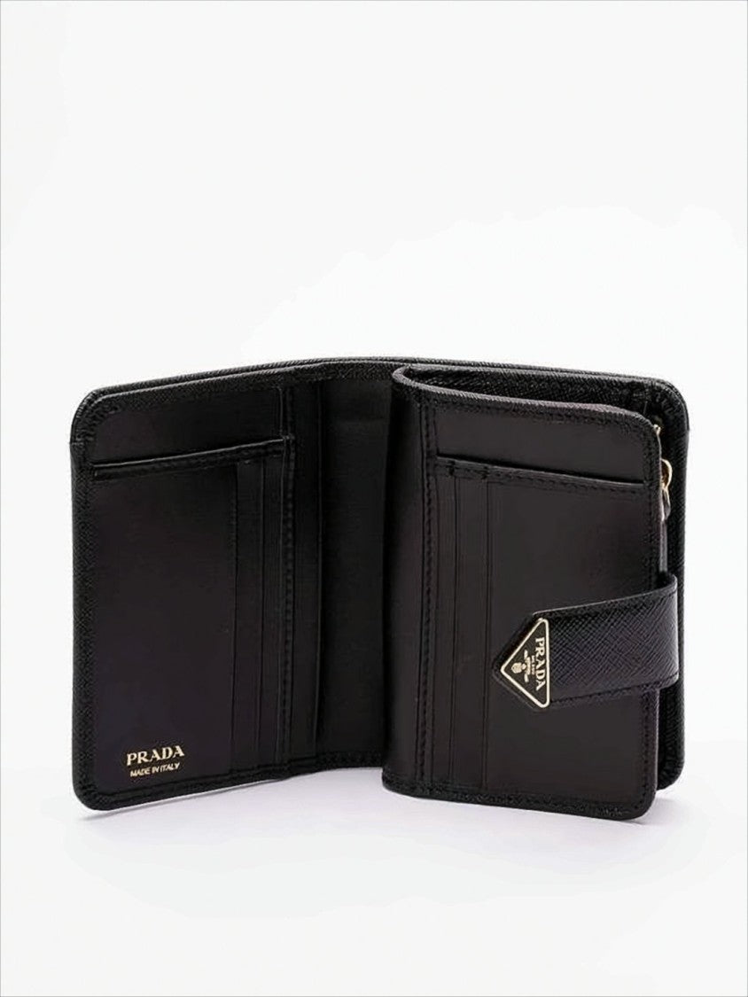 Prada Textured Leather Bifold Wallet With Snap Closure And Metallic Accents