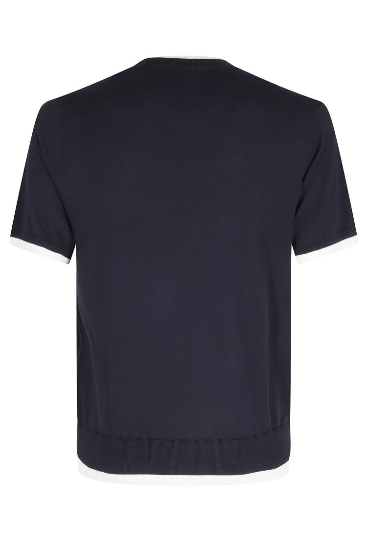 Paolo Pecora Blue Round Neck Ribbed-Trim Cotton Knit T-Shirt