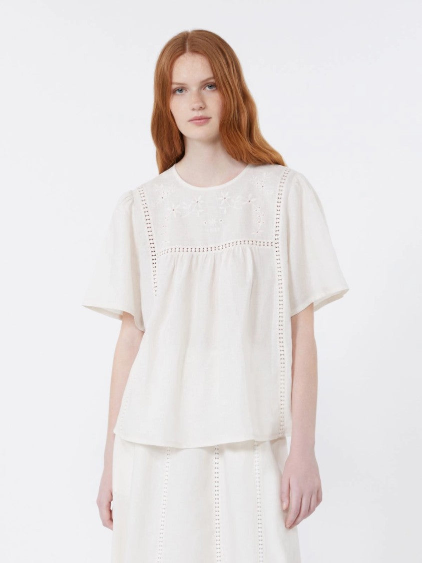 Max Mara White Eyelet Embroidered Puff Sleeve Top