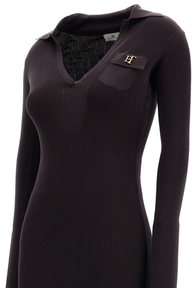 Elisabetta Franchi Ribbed Stretch Knit Midi Dress With Pointed Collar And Gold-Tone Logo