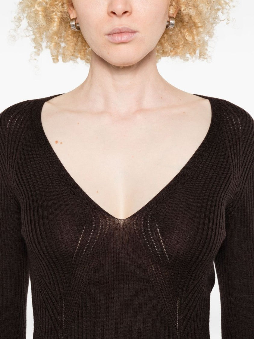 Twin-Set Fitted Brown Wool Sweater With Deep V-Neckline