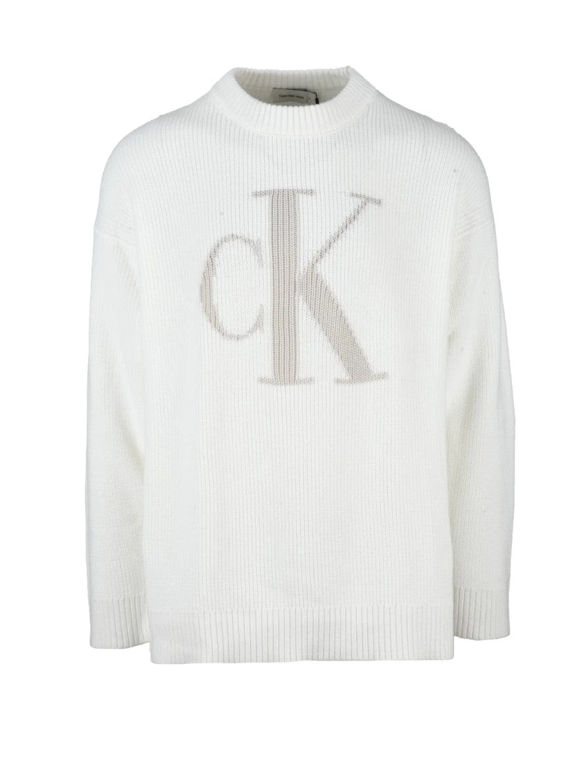 Calvin Klein Jeans White Crewneck Ribbed Cotton Sweater