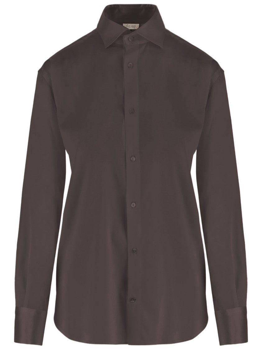 Her Shirt Brown Classic Collar Curved Hem Stretch Silk Shirt