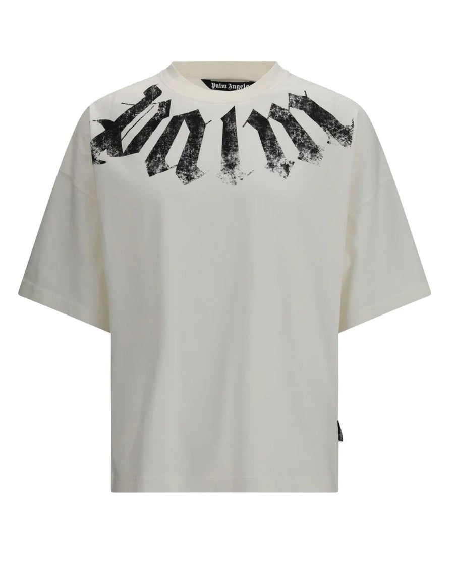 Palm Angels Off-White Big Neck Logo T-Shirt With Distressed Detailing