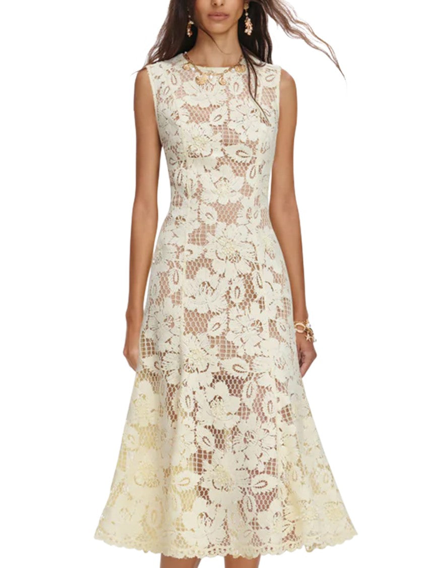 Self-Portrait Sleeveless Lace Dress, Women's, Yellow