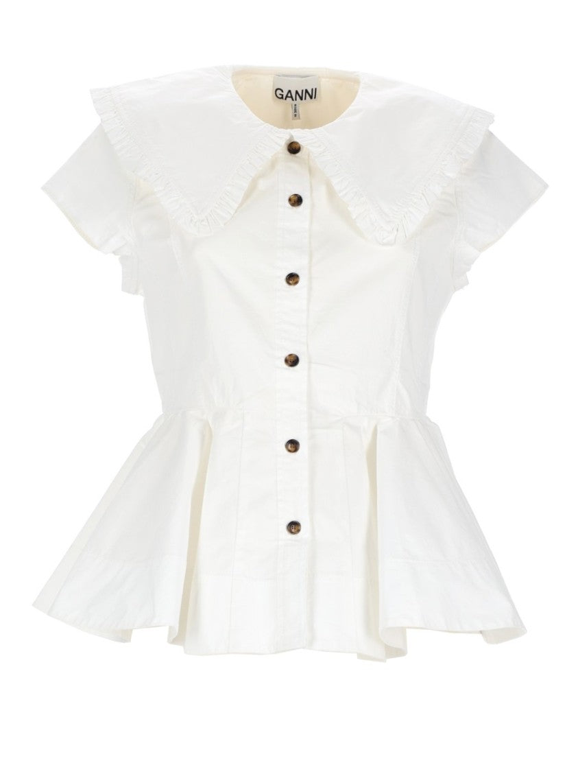 Ganni Ruffled Collar Peplum Cotton Shirt