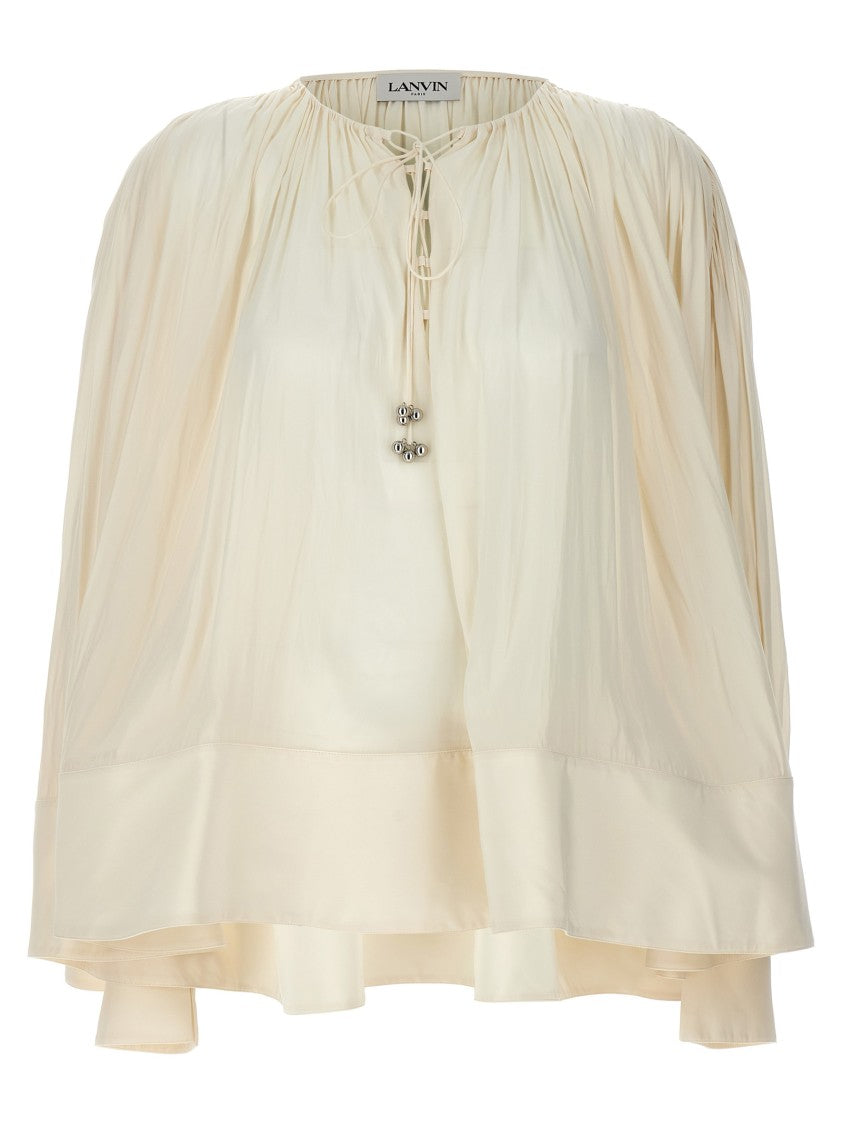 Lanvin V-Neck Wide Blouse With Drawstring Detail And Cuffed Sleeves