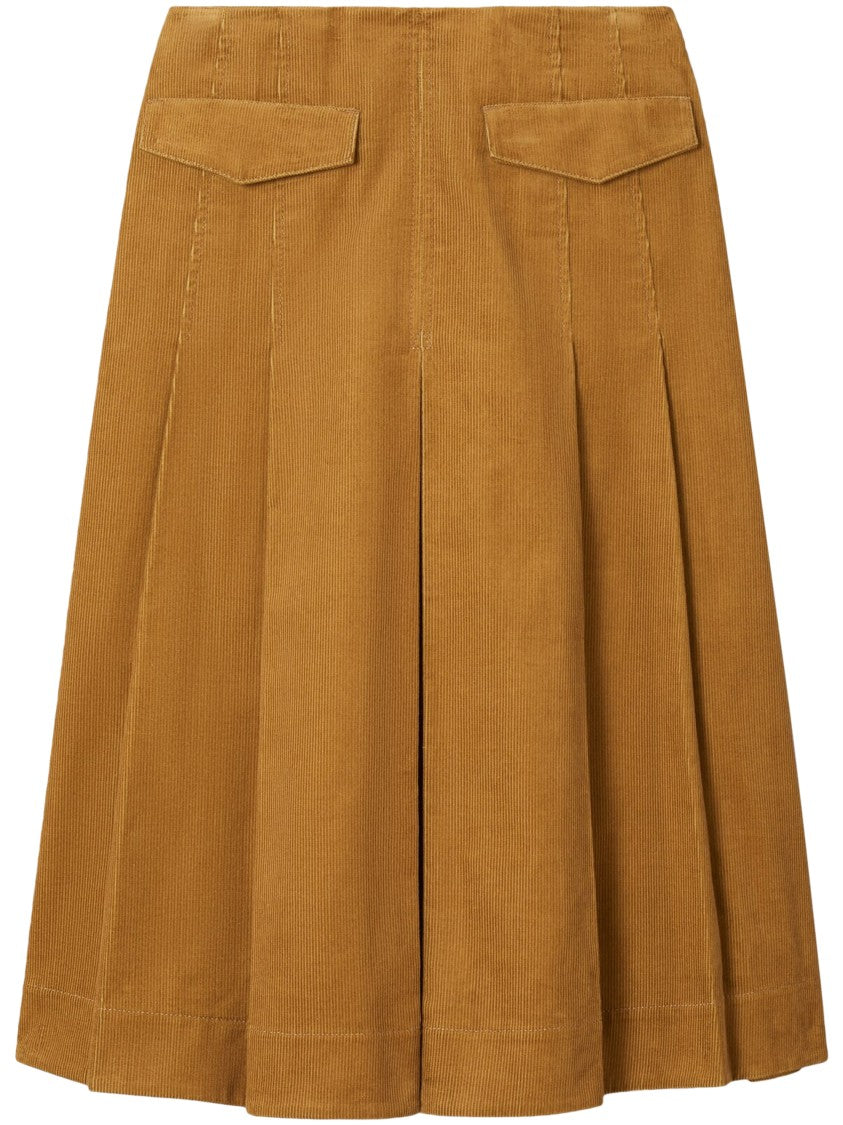 Tory Burch Corduroy Pleated Flap-Pocket Midi Skirt