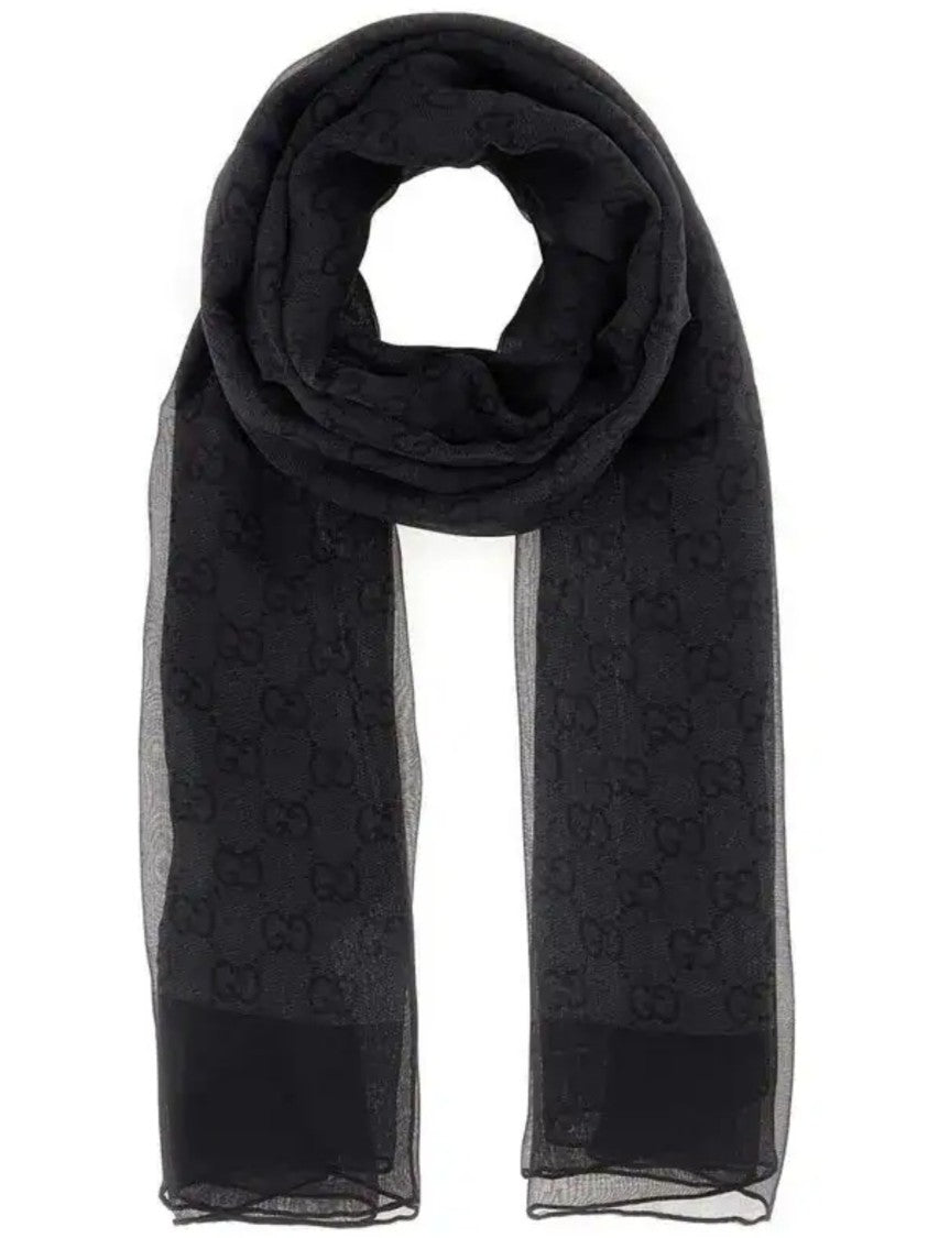 Gucci Lightweight Sheer Black Scarf With Refined Borders