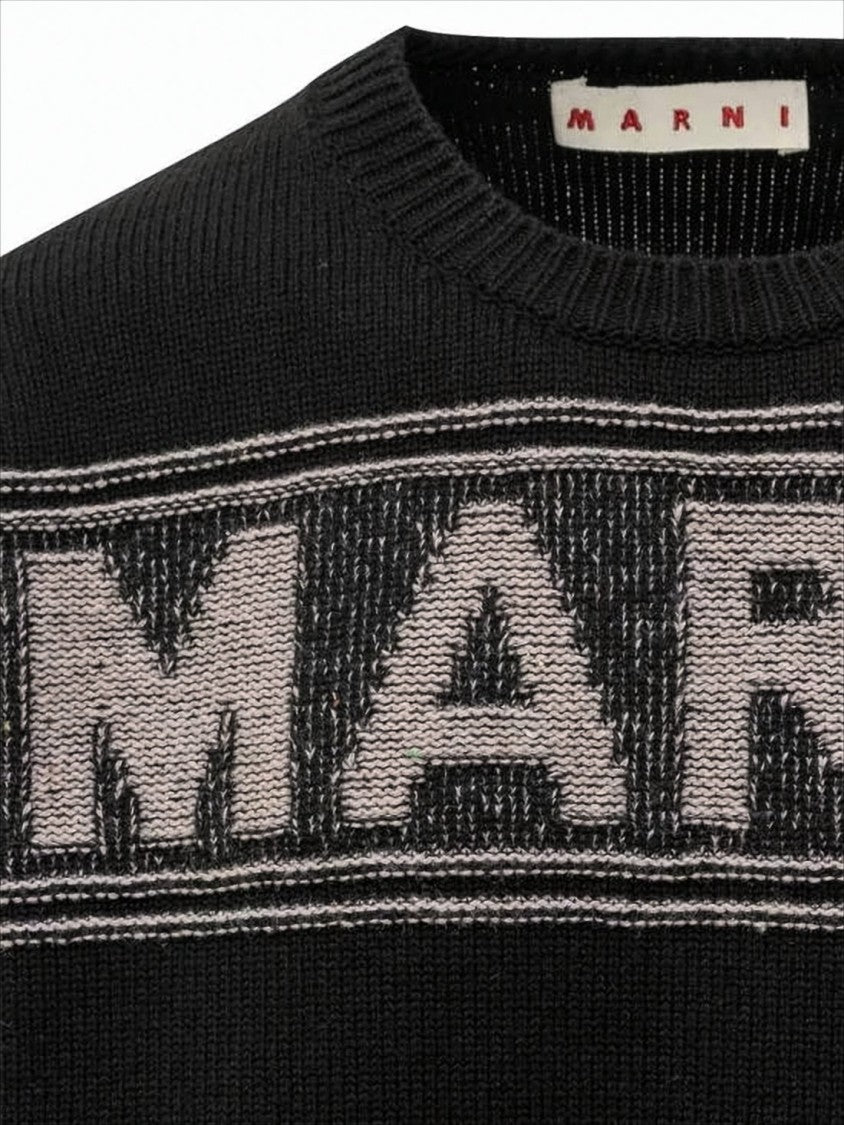 Marni Crew Neck Sweater With Bold Logo And Contrasting Stripes
